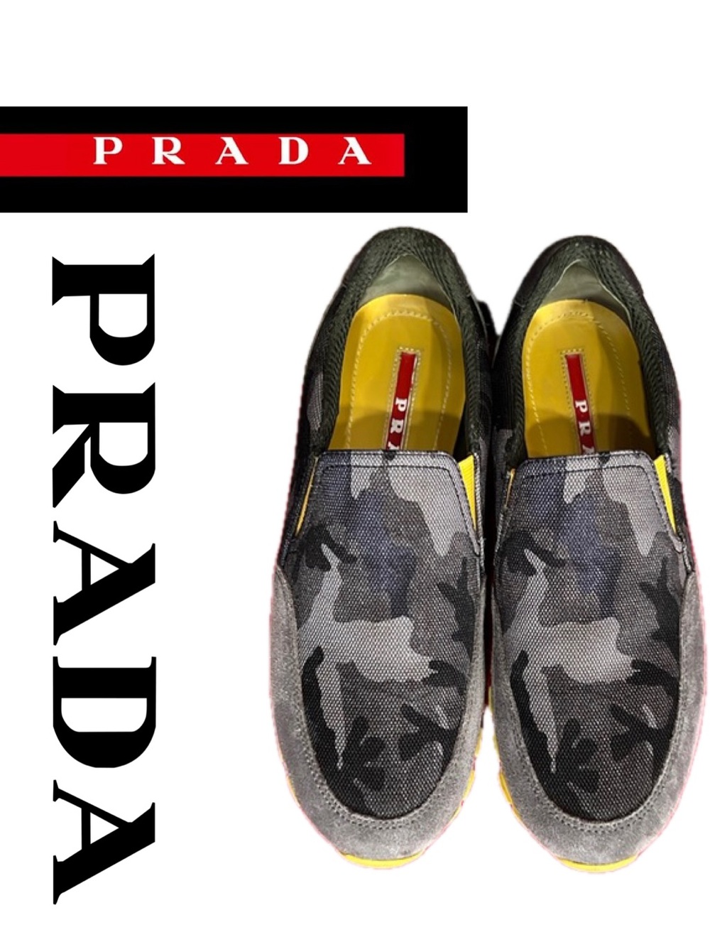 PRADA Women’s Camouflage Slip-On Sneakers in Grey and Yellow Size 38 1/2